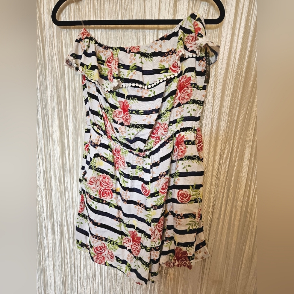 Floral & Striped Romper with Pockets- Women's Size L (fits like Size S) WITH TAG